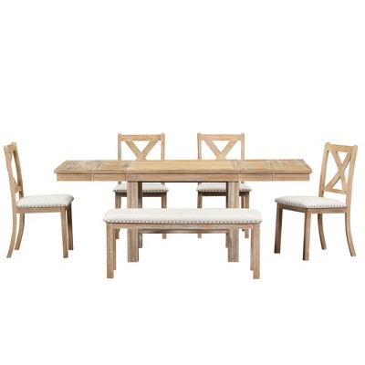 Farmhouse Extendable Dining Table Set for 6, Solid Wood Rectangular Kitchen Table Set with Removable Leaf, 4 Upholstered Chairs and Bench