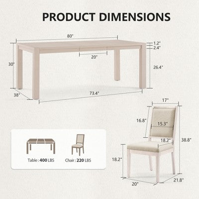 Modern Dining Set - 80 Table + 6 Cushioned Chairs, Solid Wood Frame, 400lbs Table Capacity, Easy Assembly