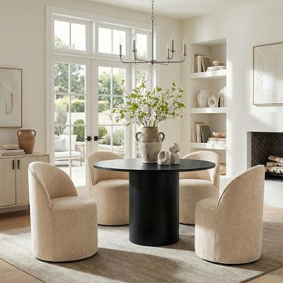5-Piece Dining Table Set for 4, Modern Barrel Chair with Wheels and Chenille Upholstery, Black Round Pedestal Table-Panipeachy