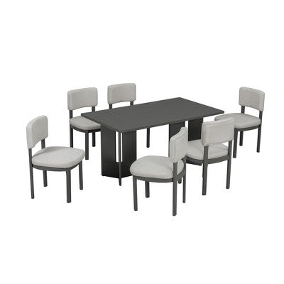 7 Piece Farmhouse Dining Table Set Dining Set for 6, 60 Kitchen Table Set with 6 Upholstered Dining Chairs - ModernLuxe