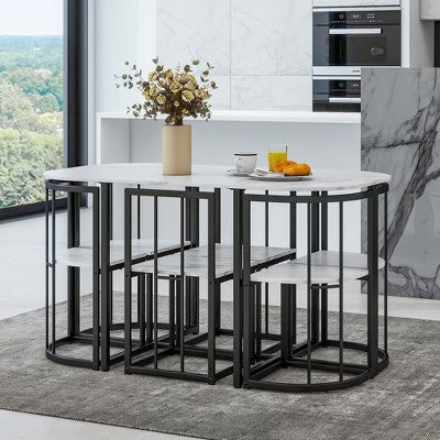 Modern Marble Dining Table Set for 6 with Metal Frame, Rectangular Marble Sticker Table and 6 Chairs for Dining Room Kitchen