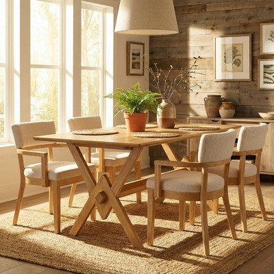 Christopher Knight Home Raisa 5 Piece Farmhouse Rubberwood Dining Set with Boucle Upholstered Chairs
