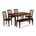 HomeStock 6-Piece Rectangle Mahogany Finish Solid Wood Top Dining Table with 1 Bench, 4 Chairs