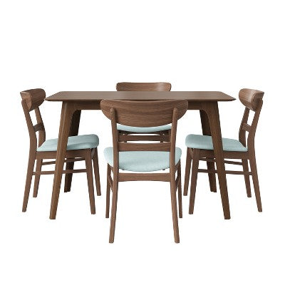 Small Space Dining Set for 4, 5 Pieces Rectangular Solid Wood Table Set with 4 Upholstered Chairs for Kitchen, Mint,Walnut
