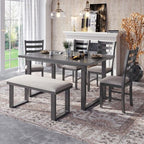 Farmhouse 6 Pieces Dining Table Set with Bench, Wood Rectangle Table and 4 Upholstered Chairs for Kitchen, Gray