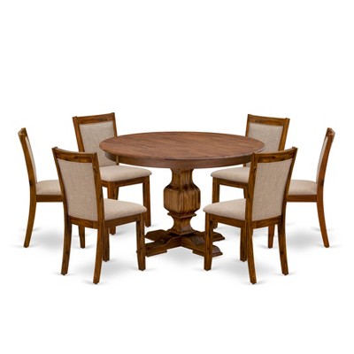 HomeStock Modern Round Dining Table Set Walnut Linen Chairs