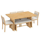 ModernLuxe 6-Piece Rustic Farmhouse Dining Set, Oak Veneer Dining Table with Trapezoid Legs, 4 Linen Upholstered Chairs+1 Bench