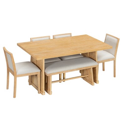 ModernLuxe 6-Piece Rustic Farmhouse Dining Set, Oak Veneer Dining Table with Trapezoid Legs, 4 Linen Upholstered Chairs+1 Bench