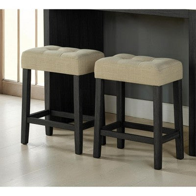 GDFStudio Hudson Transitional Travertine Top Wood 3-Piece Dining Set with Biscuit-Tufted Upholstered Stools