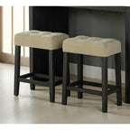 GDFStudio Hudson Transitional Travertine Top Wood 3-Piece Dining Set with Biscuit-Tufted Upholstered Stools