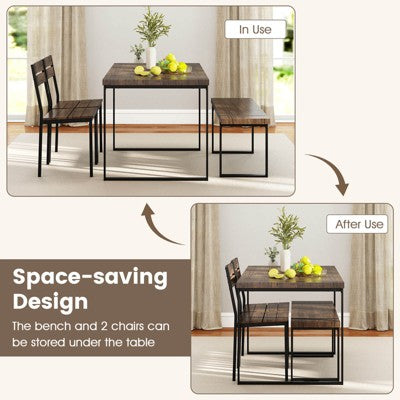 Costway 47 Dining Table Set for 4, Wooden Kitchen Table with 2 Chairs & Bench, Metal Frame