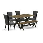 HomeStock 6-Piece Rectangle Distressed Jacobean Finish Solid Wood Top Dining Table with 1-Bench, 4-Chairs