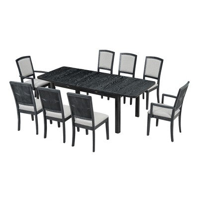 9 Pieces Extendable Dining Table Set for 6, Rectangular Kitchen Dining Table with Removable Leaf and 6 Armless Chairs and 2 Arm Chairs