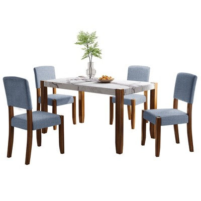 Faux Marble Dining Table Set for 4, 5 Pieces Rectangle Dining Table with 4 Upholstered Chairs for Small Space Kictchen
