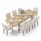 Expandable Dining Table Set for 8, Rectangular Table with Removable Leaves and Armless Linen Chairs, Featuring Solid Wood Legs-Panipeachy