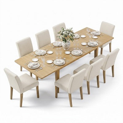 Expandable Dining Table Set for 8, Rectangular Table with Removable Leaves and Armless Linen Chairs, Featuring Solid Wood Legs-Panipeachy