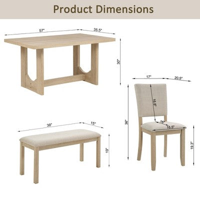 GDFStudio Kiley Modern 6 Piece Wooden Dining Table Set with Bench and Four Upholstered Chairs
