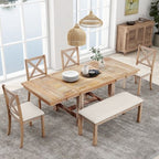 Farmhouse Extendable Dining Table Set for 6, Solid Wood Rectangular Kitchen Table Set with Removable Leaf, 4 Upholstered Chairs and Bench
