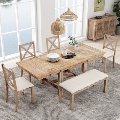Farmhouse Extendable Dining Table Set for 6, Solid Wood Rectangular Kitchen Table Set with Removable Leaf, 4 Upholstered Chairs and Bench