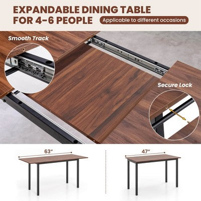 Costway 3 Piece Dining Table Set for 4-6 63Kitchen Table with 2 Benches Metal Frame Black/Walnut