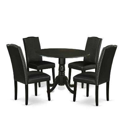 Round Kitchen Table Set 5pc 42 Table w/ Drop Leaves & 4 Parsons Chairs - Black PU Leather