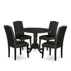 Round Kitchen Table Set 5pc 42 Table w/ Drop Leaves & 4 Parsons Chairs - Black PU Leather