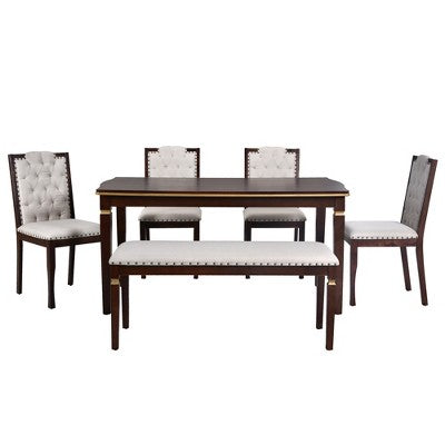 Retro 6 Pieces Kitchen Dining Table Set, Rectangular Table and 4 High-Back Tufted Chairs & Bench, Wood Dining Room Table Set for 6