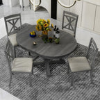 Farmhouse Extendable Round Dining Set for 4, Kitchen Dining Table Set with 4 Upholstered Dining Chairs for Dining Room