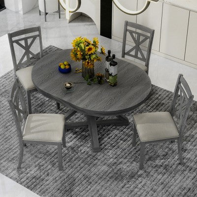 Farmhouse Extendable Round Dining Set for 4, Kitchen Dining Table Set with 4 Upholstered Dining Chairs for Dining Room
