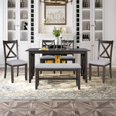 6 Piece Extendable Dining Table Set Dining Set Small Dinette Kitchen Table Set with Foldable Table, 4 Upholstered Chairs, Bench, Gray/Espresso-HABITRI