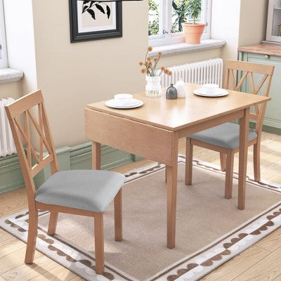 3 Piece Expandable Dining Set with 2 Upholstered Chairs, Wood Dining Table with Drop Leaf for Small Place