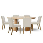47-83 Extendable Dining Table Set for 6, Natural Wood-Tone Table and 6 Linen Armless Chairs with Solid Wood Legs for Dining Room-Panipeachy