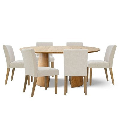 47-83 Extendable Dining Table Set for 6, Natural Wood-Tone Table and 6 Linen Armless Chairs with Solid Wood Legs for Dining Room-Panipeachy