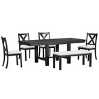 Farmhouse Extendable Dining Table Set for 6, Solid Wood Rectangular Kitchen Table Set with Removable Leaf, 4 Upholstered Chairs and Bench