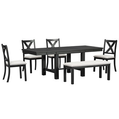 Farmhouse Extendable Dining Table Set for 6, Solid Wood Rectangular Kitchen Table Set with Removable Leaf, 4 Upholstered Chairs and Bench