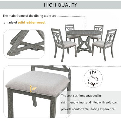 Farmhouse Extendable Round Dining Set for 4, Kitchen Dining Table Set with 4 Upholstered Dining Chairs for Dining Room
