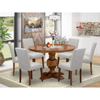 HomeStock 7 Piece Antique Walnut Round Pedestal Dining Set with 6 Linen Parson Chairs