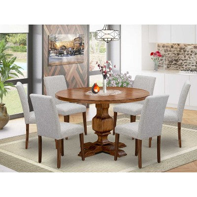 HomeStock 7 Piece Antique Walnut Round Pedestal Dining Set with 6 Linen Parson Chairs