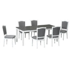 Rustic Extendable Dining Table Set for 6, 7 Pieces Rectangle Dining Table with 6 Upholstered Chairs, Kitchen Table Set with 2 Drawers