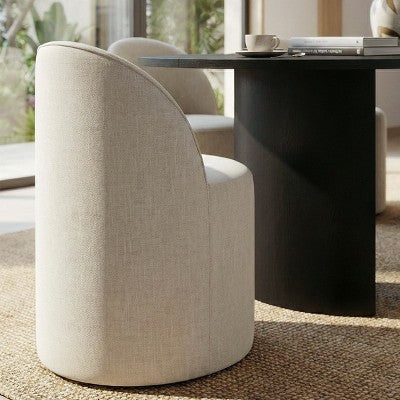 Dining Table Set for 6, Oval 79 Table and Linen Fabric Upholstered Barrel Chairs with Casters, for the Dining Room-Panipeachy