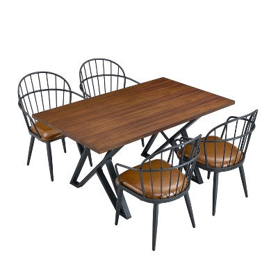 5 Piece Dining Table Set Dining Set with 4 Dining Chairs and Round/Square Table, Black+Natural/Walnut-ModernLuxe