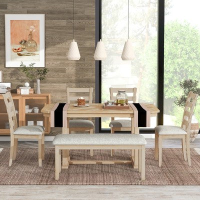 6 PCS Rubber Wood Dining Table Set with Beautiful Wood Grain Veneer Tabletop and Soft Cushion-ModernLuxe