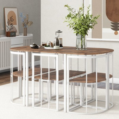 Modern Marble Dining Table Set for 6 with Metal Frame, Rectangular Marble Sticker Table and 6 Chairs for Dining Room Kitchen