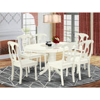 Asian Rubber Wood 7 Piece Oval Dining Table Set Linen White Kitchen Set