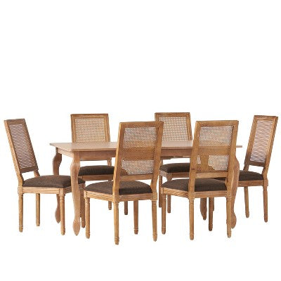 Christopher Knight Home Regan 7 Piece French Country Fabric Upholstered Wood and Cane Expandable Dining Set