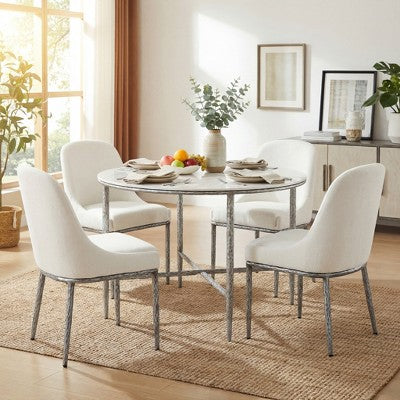 Christopher Knight Home Valeska 5 Piece Industrial Luxe Hand-Forged Sintered Stone Dining Table with Upholstered Dining Chairs