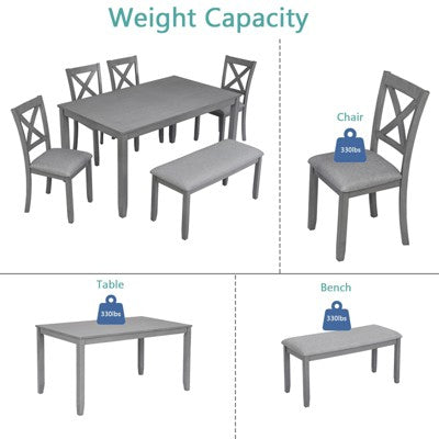 6-Piece Dining Set: Rectangular Wood Table, 4 Upholstered Chairs, Bench for Home Kitchen, Living Room, Bar