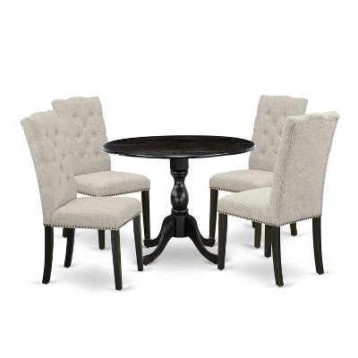 HomeStock 5-Piece Wire Brushed Black Finish Solid Wood Top Dining table with 4 Chairs with Drop Leaf Lattice Back