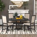 Farmhouse 5 Piece Kitchen Dining Set for 4, Solid Wood Extendable Round Dining Table Set and 4 Upholstered Chairs for Kitchen