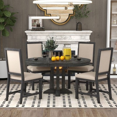 Farmhouse 5 Piece Kitchen Dining Set for 4, Solid Wood Extendable Round Dining Table Set and 4 Upholstered Chairs for Kitchen